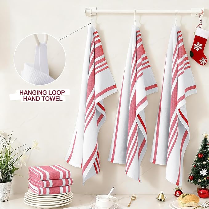 Homaxy Premium Kitchen Towels 18”x 28”, Large Cotton 380 GSM Kitchen Hand Towels, Stripe and Terry Dish Towel, Highly Absorbent Tea Towel Set with Hanging Loop, 6 Pack, Red