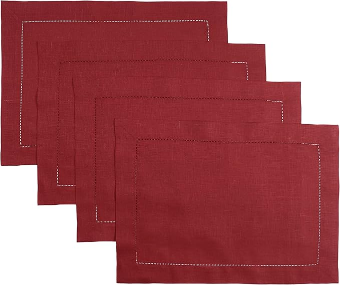 D'Moksha Homes Red Linen Placemats Set of 4 - Classic Hemstitch Placemats 14 x 19 Inch - 100% Pure Linen Table Mats for Fall, Thanksgiving, Christmas, Holiday - Handcrafted and Machine Washable