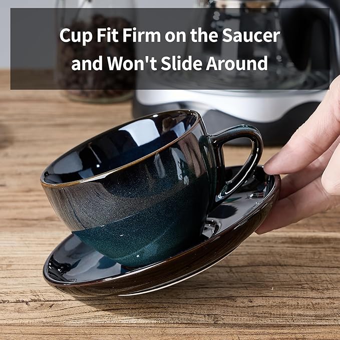 SIDUCAL Espresso Cups Set of 4 [8oz] Porcelain Coffee Cups with Saucers and Holder,Latte Cups- Latte Art Cup - Microwave/Dishwasher Safe,Espresso Demitasse Cups(Blue and Green)