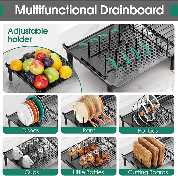 Extendable Dish Drying Rack for Kitchen Counter, Large Expandable Dish Rack with Multifunctional Drainboard for Pan Pot, Collapsible dish drainer, Foldable Plate Strainer for Home Countertop Storage