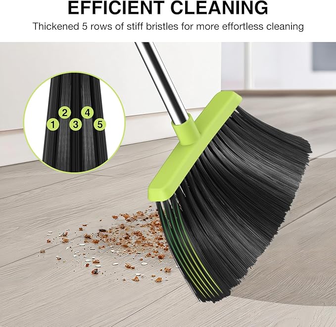 Broom and Dustpan Set, 52-in Long Adjustable Handle Broom Dustpan Combo with Dust pan Teeth to Automatically Clean Hair Suitable for Home Kitchen Office Hall Floor (Green), 2 Pack