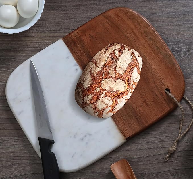 Marble & Acacia Wood Cutting Board – 12.25x9.25" White Charcuterie, Cheese & Serving Tray for Bread, Steak, Fruit – Elegant Solid Chopping Board for Kitchen & Parties