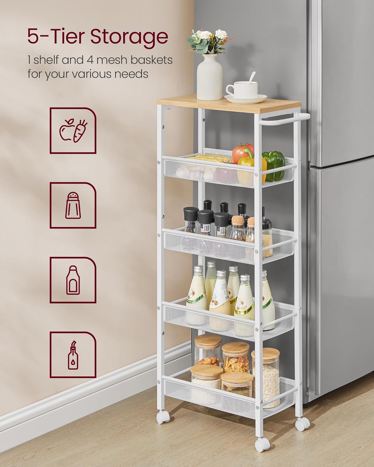 VASAGLE Slim Rolling Cart, 5-Tier Storage Cart, Narrow Cart with Handle, 8.7 Inches Deep, Metal Frame, for Kitchen, Dining Room, Living Room, Home Office, Oak Beige and Classic White ULRC035W09