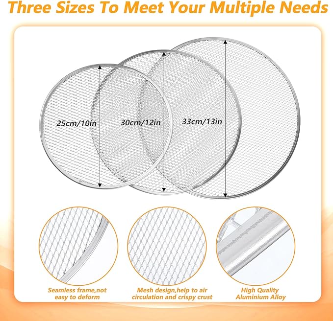 3 Pcs Pizza Screen 10 Inch 12 Inch 13 Inch Aluminum Alloy Seamless Pizza Pan Non Stick Mesh Pizza Tray for Oven BBQ Kitchen Restaurant Cookware Baking Tool