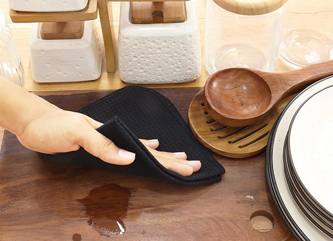 PurpleEssences Dish Cloths and Dish Rags - 6 Pack Waffle Weave Solid Kitchen Dish Wash Cloths, 100% Cotton, 12 x 12 Inches, Ultra Soft Absorbent Quick Drying - Christmas Holiday Winter - Black