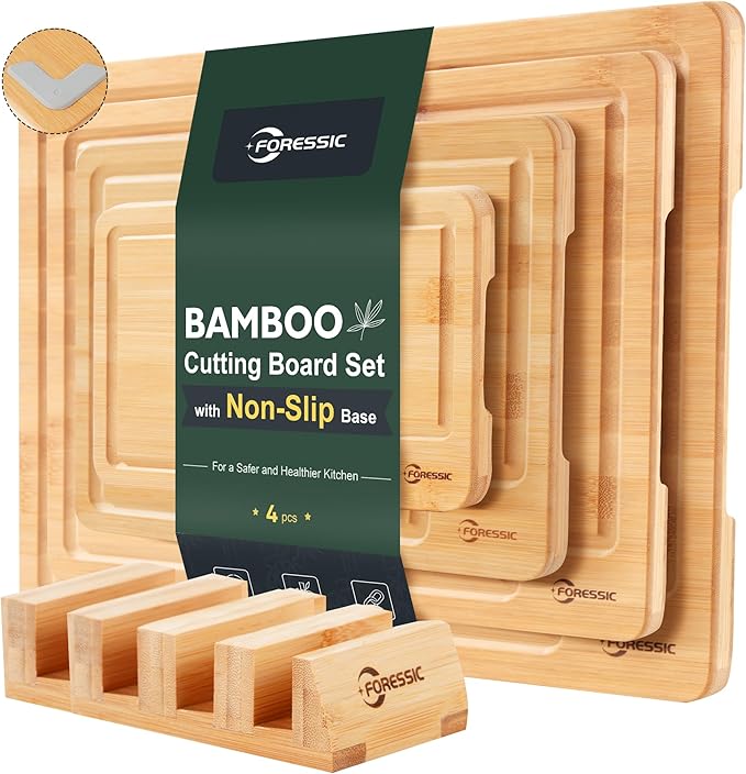 Bamboo Cutting Board Natural Bamboo Set With Smooth Surface 4 Packs with Non Slip Feet Holder and Over Sink Solid Thick Durable Wood Charcuterie Serving Tray Vegetables Fruits Kitchen Gifts (Natural)