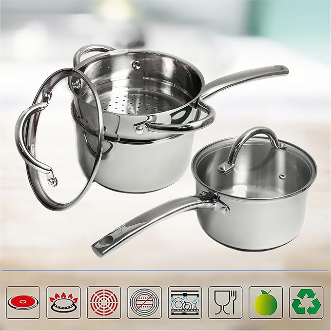 Stainless Steel Saucepan Glass Lid Casting Steel handle Induction Impact Bonded 8 PCS Set Steamer