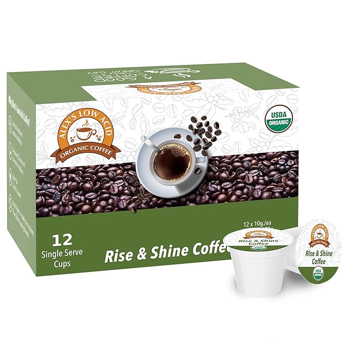 Alex’s Low Acid Organic Coffee | Created to Limit Heartburn, Acid Reflux & Stomach Irritation | Rise & Shine | Pack of 12 K-Cups