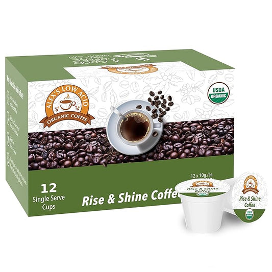Alex’s Low Acid Organic Coffee | Created to Limit Heartburn, Acid Reflux & Stomach Irritation | Rise & Shine | Pack of 12 K-Cups
