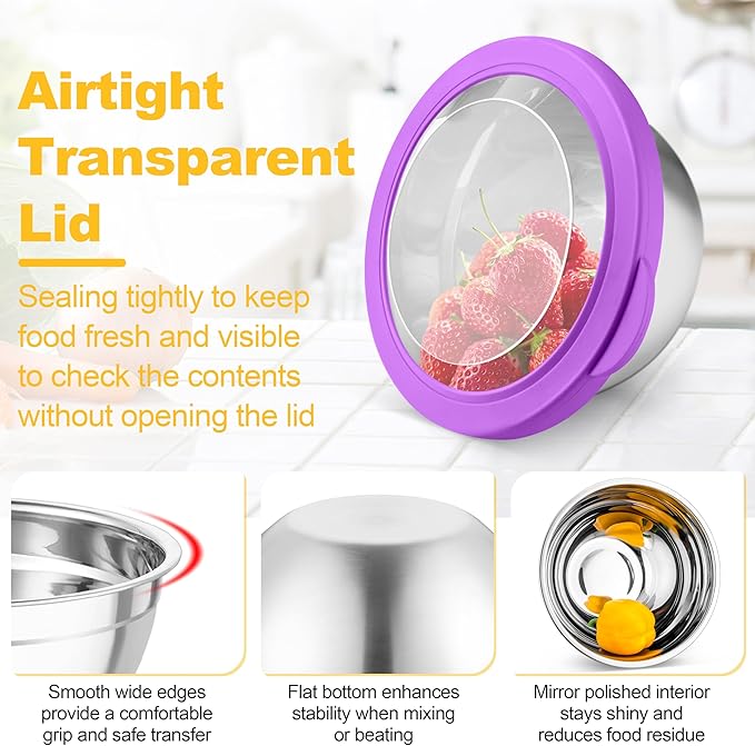 TeamFar Mixing Bowls, Stainless Steel Salad Serving Bowl with Clear Lids & 3 Graters, For Kitchen Cooking Prepping Storing, Size 4.6/2.6/1.5/1/0.7 QT, Nesting & Airtight, Set of 5 & Multicolor