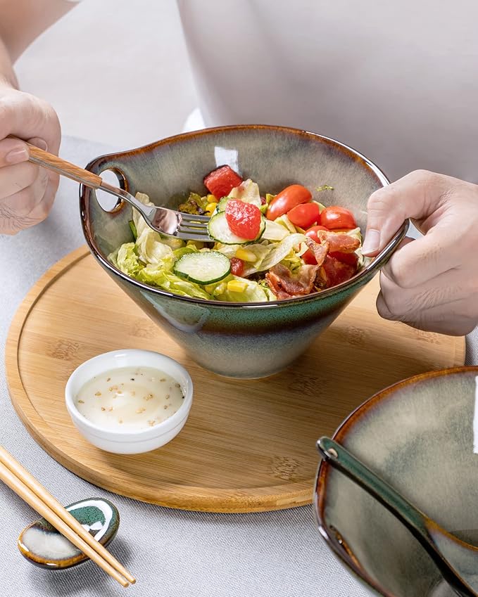HENXFEN LEAD Japanese Ramen Noodle Bowl Set of 2-30 Oz Large Porcelain Salad Bowls with Chopsticks, Soup Spoons and Rests, Kitchen Serving Dishes for Pho, Udon - Reactive Green