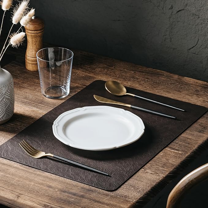 DOLOPL Placemats Set of 4 Reversible Dual-Color Table Placemats – Heat Resistant Wipeable & Brown Placemats, Luxury Faux Leather Table Mats for Vintage Dining Table Decor（Dark Brown & Black）