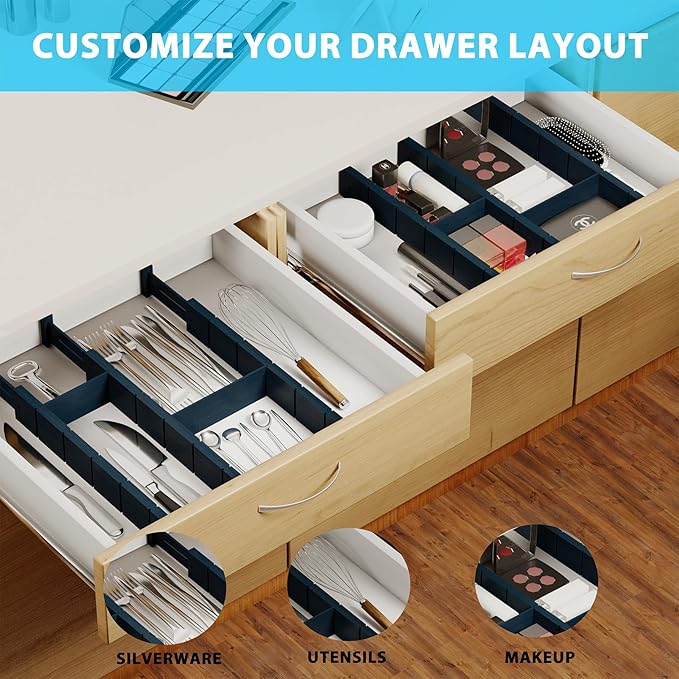 6 Pack Bamboo Drawer Dividers with 12 Inserts, Expandable Adjustable Clothes Drawer Organizers and Storage from 17" to 22" for Kitchen, Bedroom, Dresser, Cosmetics (Navy Blue)