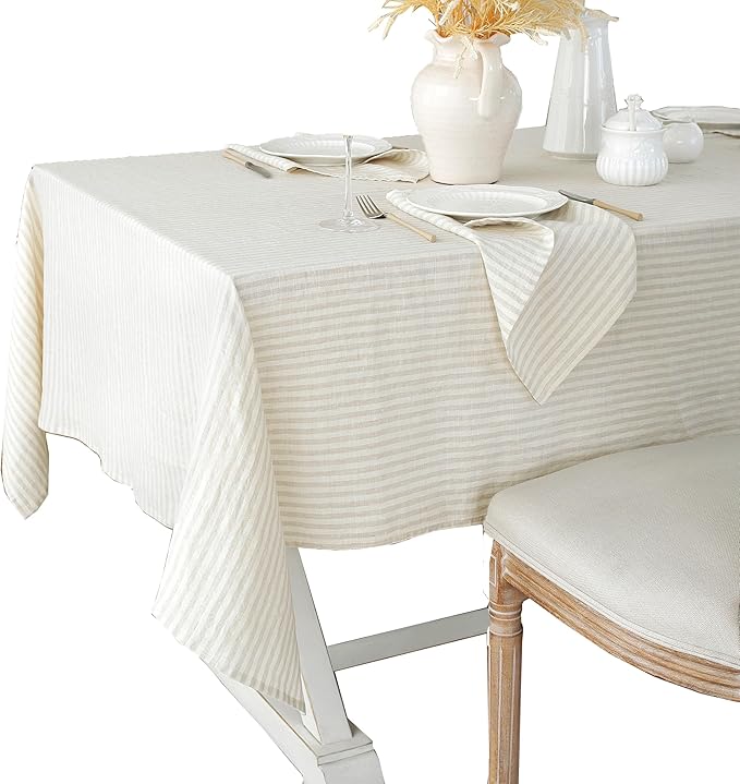 Linen World Stripe Linen Tablecloth, 100% French Natural Stripe Table Cloth 55" x 55" Inch, Washable Square Tablecloth for Dining, Outdoor, Weddings and Restaurants, Decorative Valentine Easter