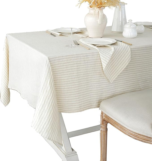 Linen World Stripe Linen Tablecloth, 100% French Natural Stripe Table Cloth 55" x 55" Inch, Washable Square Tablecloth for Dining, Outdoor, Weddings and Restaurants, Decorative Valentine Easter