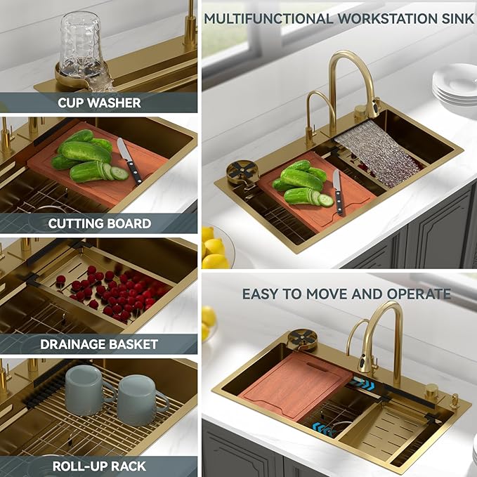 Lordear 33 Watefall Gold Kitchen Sink Drop In 33x19x9 Inch Topmount Sink Stainless Steel 16 Gauge Single Bowl Multifunctional Workstation Sinks with Built-in Accessories