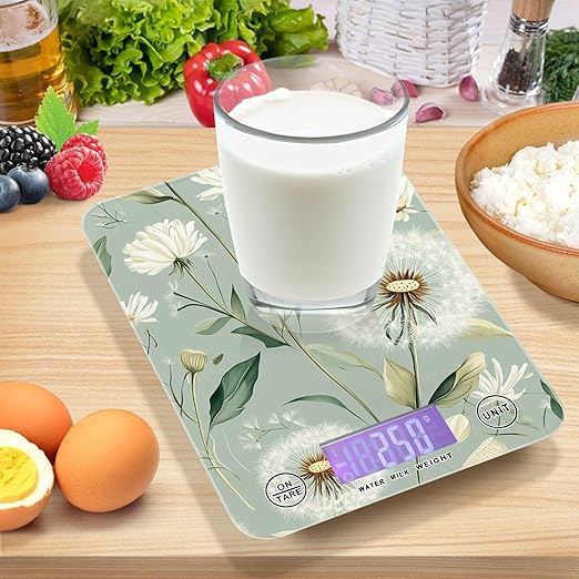 Sage Green Dandelion01 Food Scale Kitchen Digital Scale Food Ounces and Grams Dieting Baking Cooking Waterproof Glass Panels LCD Display,4 Units Tare Function