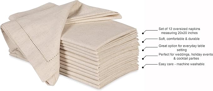 Hausattire Cloth Dinner Napkin Flax Fall Hemstitched Mitered Corner 20x20 Inch Natural Thanksgiving Decorative Soft Durable Table Linen Napkins Ideal for Halloween, Christmas, Cocktail Parties