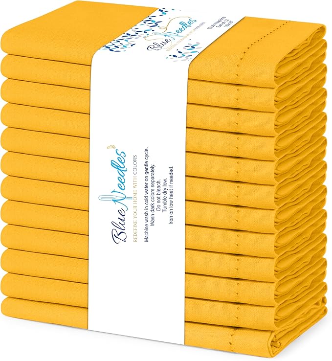 Blue Needles Set of 12 Hemstitch Linen Napkins 100% Cotton Golden Yellow Cloth Dinner Napkins 18x18 inches, Soft Reusable Absorbent Washable, Ideal for Fall Thanksgiving Events, Parties & Everyday Use