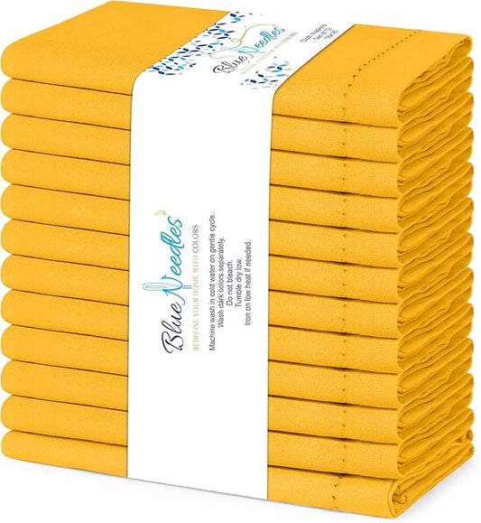 Blue Needles Set of 12 Hemstitch Linen Napkins 100% Cotton Golden Yellow Cloth Dinner Napkins 18x18 inches, Soft Reusable Absorbent Washable, Ideal for Fall Thanksgiving Events, Parties & Everyday Use