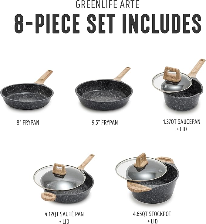 GreenLife 8 Piece Ceramic Nonstick Cookware Set, Induction Suitable Non Toxic PFAS-Free Pots & Pans, Dishwasher Safe, Cooking Set, Stock Pot, Saucepans & Frying Pans, Kitchen Cooking, Granite Black