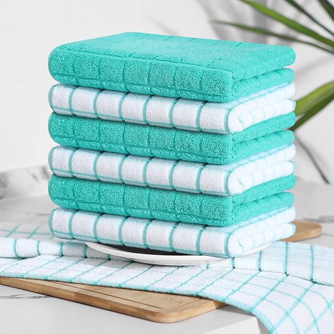 Homaxy Premium Cotton Kitchen Towels 16"x 28", Large Natural Ring Spun 390 GSM Dish Towels, Super Absorbent Terry Kitchen Hand Towels, Soft Tea Towel with Hanging Loop, Aqua Check Design, 8 Pack