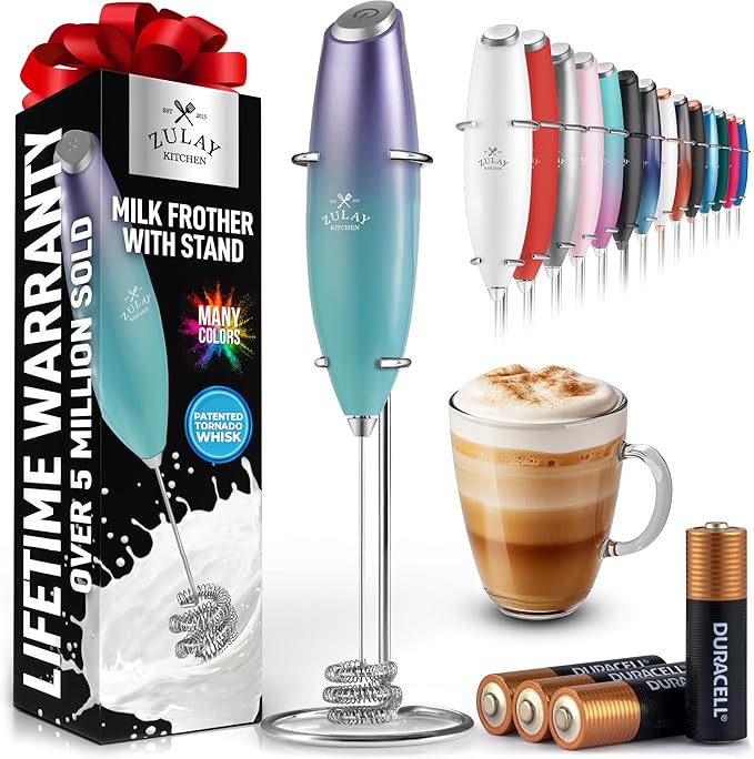 Zulay Kitchen Patented Tornado Triple Whisk Milk Frother with 4 Duracell Batteries – Handheld Foam Maker for Coffee, Lattes, Matcha & Hot Chocolate – Rich, Creamy Froth in Seconds