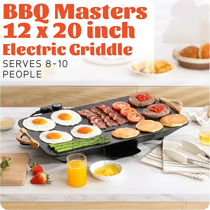 12x20inch Electric Griddle by BBQ Masters, 1700W Fast Even Heating, ILAG Granite Nonstick, Sloped Cooking Surface, Frameless Design for Easy Cleaning, Great for Family Gatherings, Black
