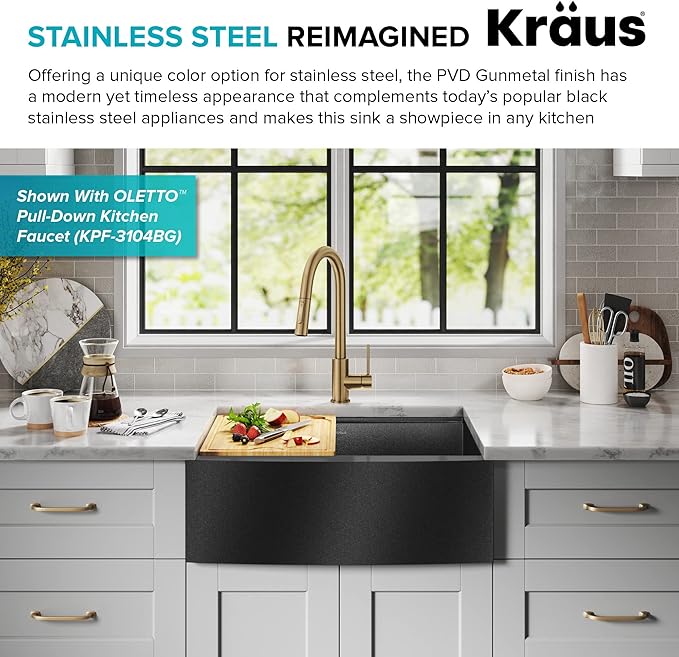 KRAUS Kore Workstation 27-inch Farmhouse Apron Front 16 Gauge Black Stainless Steel Single Bowl Kitchen Sink in PVD Gunmetal Finish with Accessories, KWF210-27-PGM
