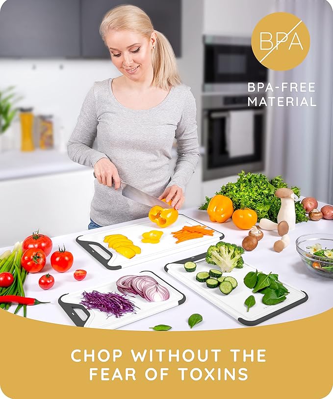 Cutting Boards for Kitchen, Plastic Cutting Board Set of 2, Dishwasher Safe Cutting Boards w/Juice Grooves for Meat, Veggies, Easy Grip Handle, Easy Grip Handle