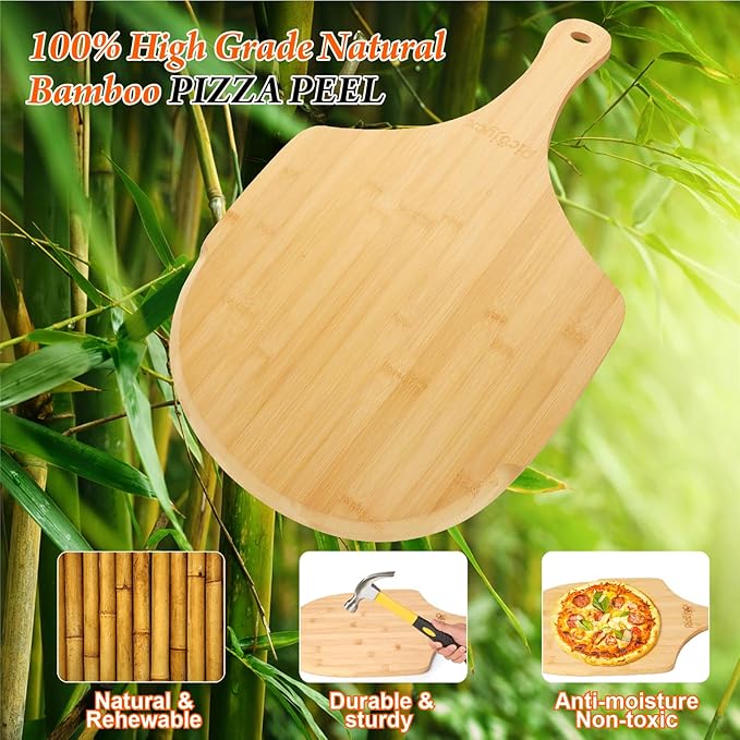 2 Pack Natural Bamboo Pizza Peel 16 inch, Wood Pizza Paddle, Cutting Board with Handle for Pizza, Bread, Cheese, Vegetable, Fruits
