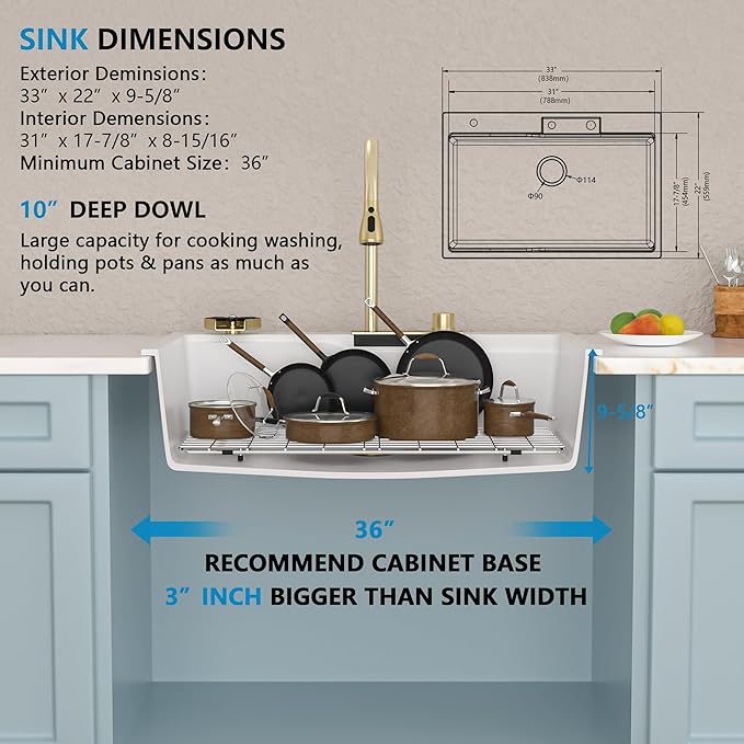 33"x22" Waterfall Kitchen Sink Workstation - White Granite Composite Quartz Classic Drop In Topmount Single Bowl Multifunction Smart Waterfall Sink with Faucet Combo & Glass Rinser