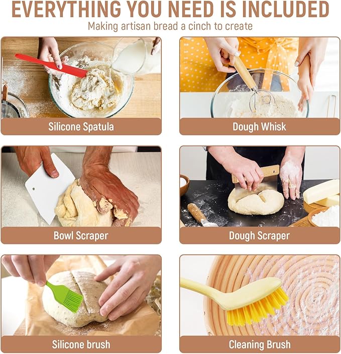 Sourdough Bread Kit - 9" & 10" Banneton Baskets, Bread Lame, Dough Scraper, Silicone Sling - Artisan No-Knead & Dutch Oven Baking Starter Set (Set 1)