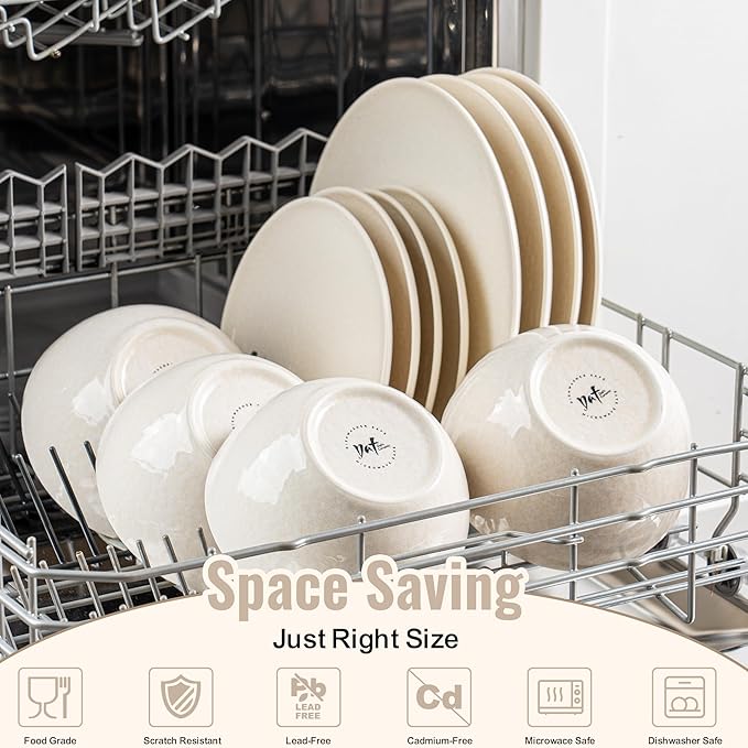 Plates and Bowls Sets,12 Pieces Beige Dinnerware Sets for Kitchen, Reactive Glaze Dishes Set for 4, Dishwasher and Microwave Safe, Series Starflecked Shore (Beige)