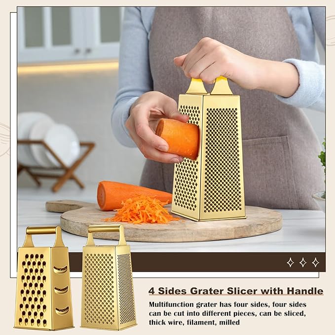 LemonRoad 8 Pcs Gold Kitchen Accessories Set Includes 1.5/2/2.8/3.6 Qt Gold Mixing Bowls with Airtight Lids, 1 Set Stainless Steel Measuring Cups, Grater Slicer with Handle, Egg Beater, Egg Separator