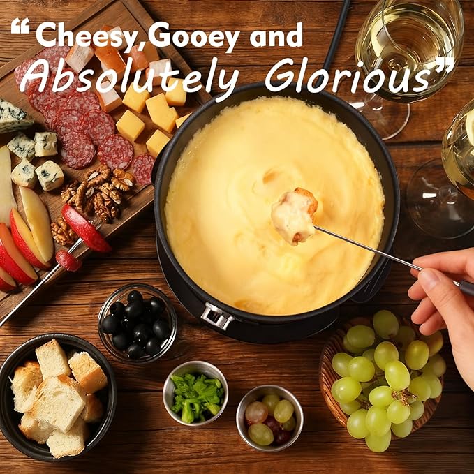 Cusimax 1300W Electric Fondue Set,2L Non-stick Pot Ideal for Melting Cheese,Chocolate,Oil,or Broth,Includes 8 Forks, 6 Food Cups,Removable Handle,and Measuring Cup for Enjoying Fondue Pot Parties