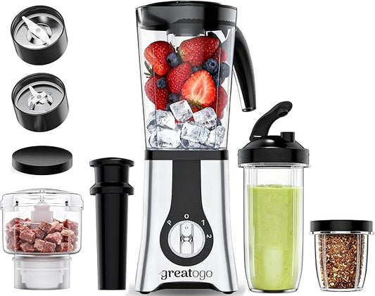 Blender with Meat Grinder & 3 Jars (40oz/24oz/10oz) - 2-Speed Pulse Control for Smoothies, Ice Crushing, Frozen Fruit, Grinding & Mixing - Includes 17oz Food Processor, To-Go Cups
