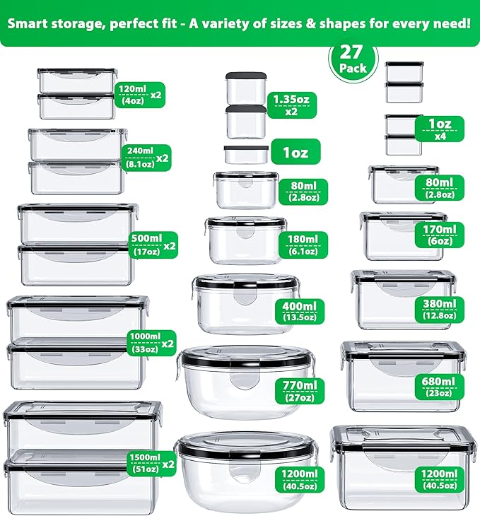 54 Pcs Food Storage Containers with Lids Airtight, (27 Containers &27 Lids) Reusable BPA-Free Plastic Food Containers for Kitchen Organization, Leak Proof Freezer/Microwave Safe Meal Prep Lunch Boxes