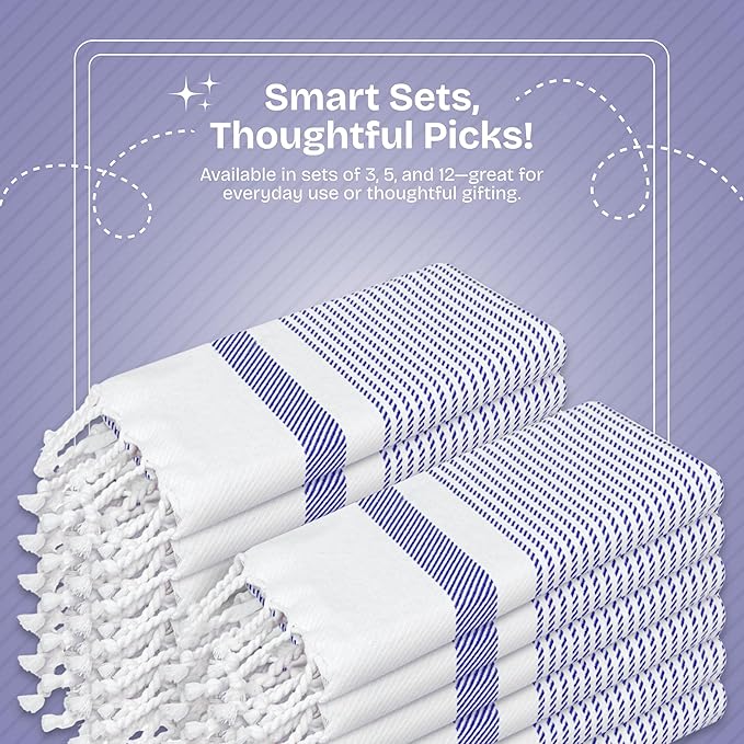 Indigo Blue Turkish Kitchen Towels 16x26 Inch, 3 Pack, 100% Cotton, Soft, Absorbent, Fast Dry, Machine Washable, Dish Towel with Tassels for Drying Dishes, Cleaning, Everyday Use