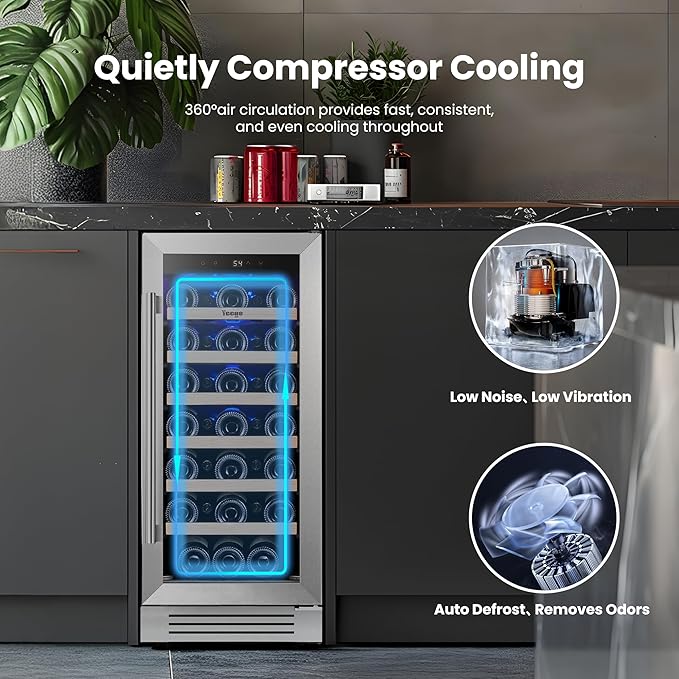 Yeego Wine Fridge – 15 Inch 33 Bottle Wine Cooler Refrigerator with Glass Door, 40-65℉ Touch Control, Built-In or Freestanding, Ideal for Home Bar & Kitchen