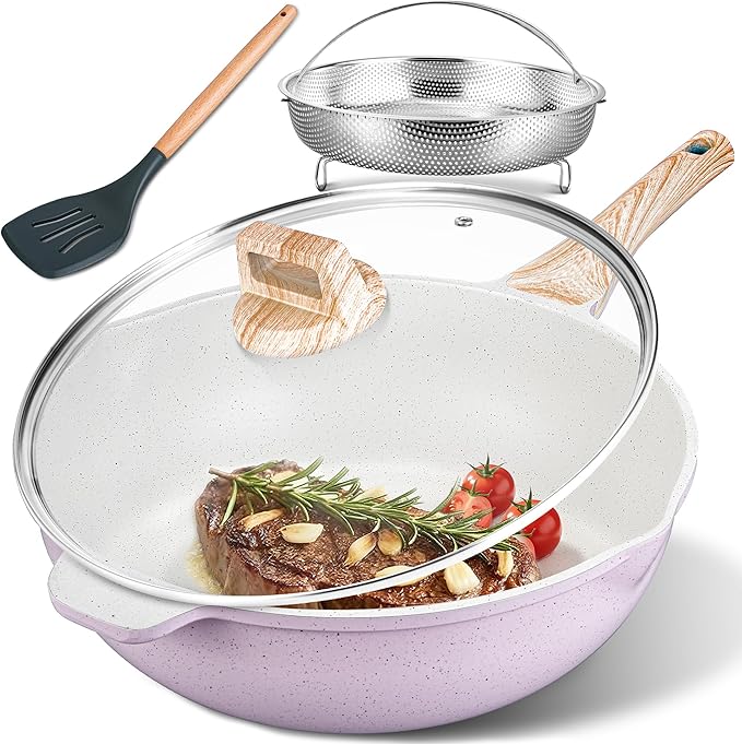 AOSION 12 Inch Nonstick Ceramic Deep Frying Pan,5.5QT Sauté Pan with lid,Large Skillet with Steam Rack,Healthy Jumbo Cooker,Stay Cool Handle,Induction Compatible, PFOA & PFAS Free,Purple.