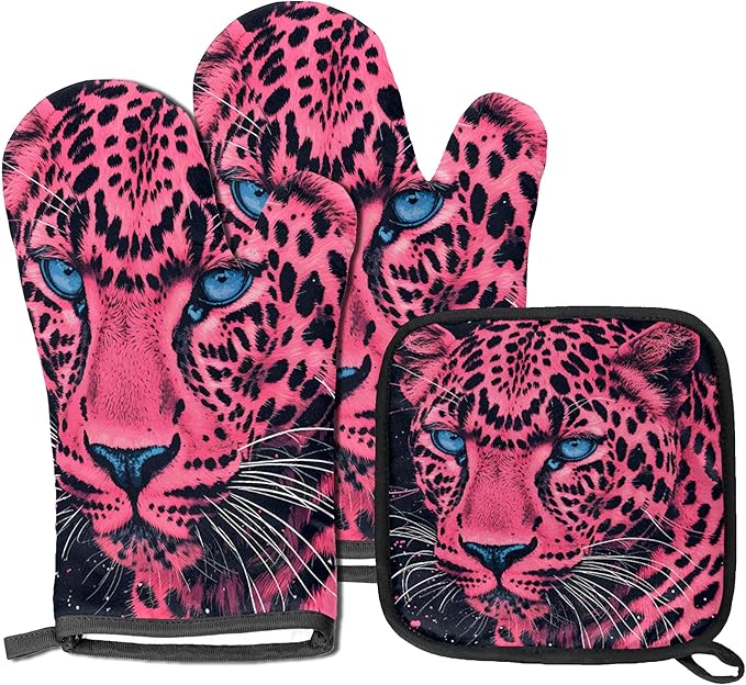 Oven Mitts Pot Holders Set 3 for Kitchen, Leopard Insulation Oven Gloves Heat Resistant Pot Pads Cook Essentials Accessories for BBQ Baking Cooking Kitchen Decor Gifts for Women