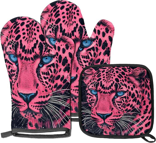 Oven Mitts Pot Holders Set 3 for Kitchen, Leopard Insulation Oven Gloves Heat Resistant Pot Pads Cook Essentials Accessories for BBQ Baking Cooking Kitchen Decor Gifts for Women