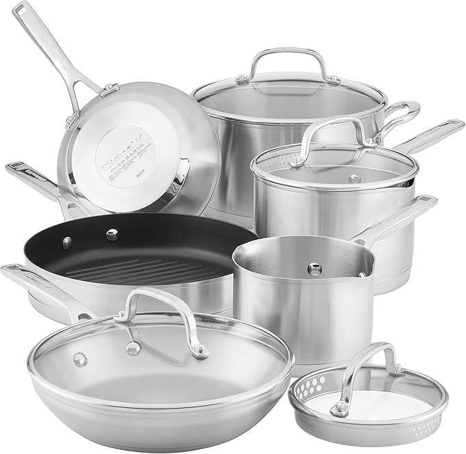 KitchenAid 3-Ply Base Brushed Stainless Steel Cookware Pots and Pans Set, 10 Piece