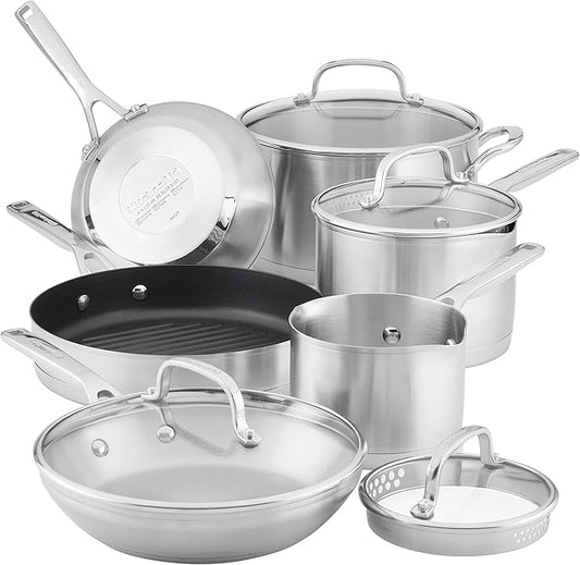 KitchenAid 3-Ply Base Brushed Stainless Steel Cookware Pots and Pans Set, 10 Piece