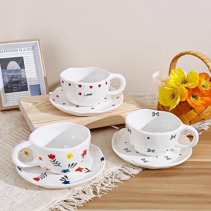 Koythin Ceramic Coffee Mug with Saucers, Handmade Flowers Mugs, Cute Cup for Girl Women, Aesthetic Tea Milk Cup with Handle, 8.5 oz/250 ml for Latte, Cocoa, Office, Home (Black Small Bow)