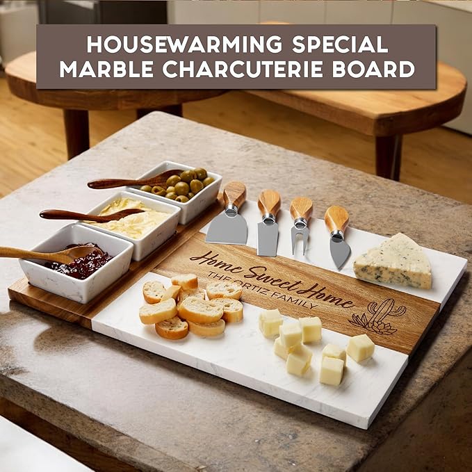 Personalized Housewarming Gift for New Home, Marble Wood Charcuterie Board, Custom Laser Engraved Cheese Serving Board, Realtor Closing Gift, New Apartment First Home Gift For Newlywed Couple, Friends