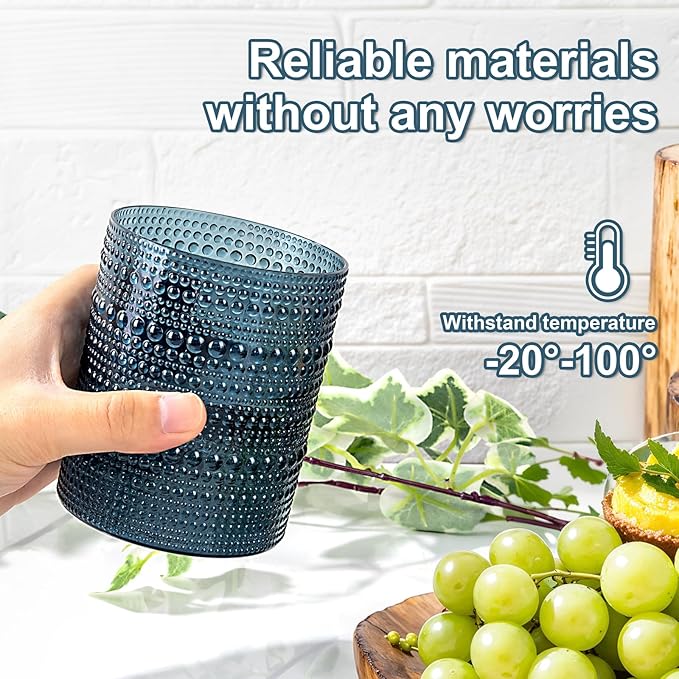 YOUBET 24PCS Plastic Hobnail Drinking Glasses - 14 Oz Blue Vintage Glasses Drinkware - Disposable Beaded Cups for Juice, Wine, Party