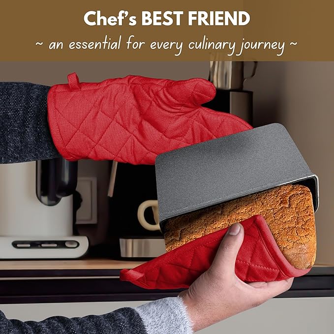 Native Fab Pot Holders and Oven Mitts Sets for Kitchen Heat Resistant - Hanging Non-Slip - 100% Cotton Kitchen Oven Mitts and Pot Holders 4-Piece Set - Red