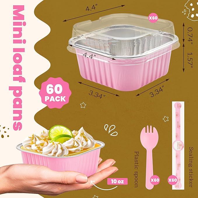 60 Pack Mini Cake Pans with Lids, Mini Aluminum Pans, Disposable Loaf Pans Cupcake Liners with Lids for Pudding, Souffle, Party, Wedding (Pink, 10 oz)